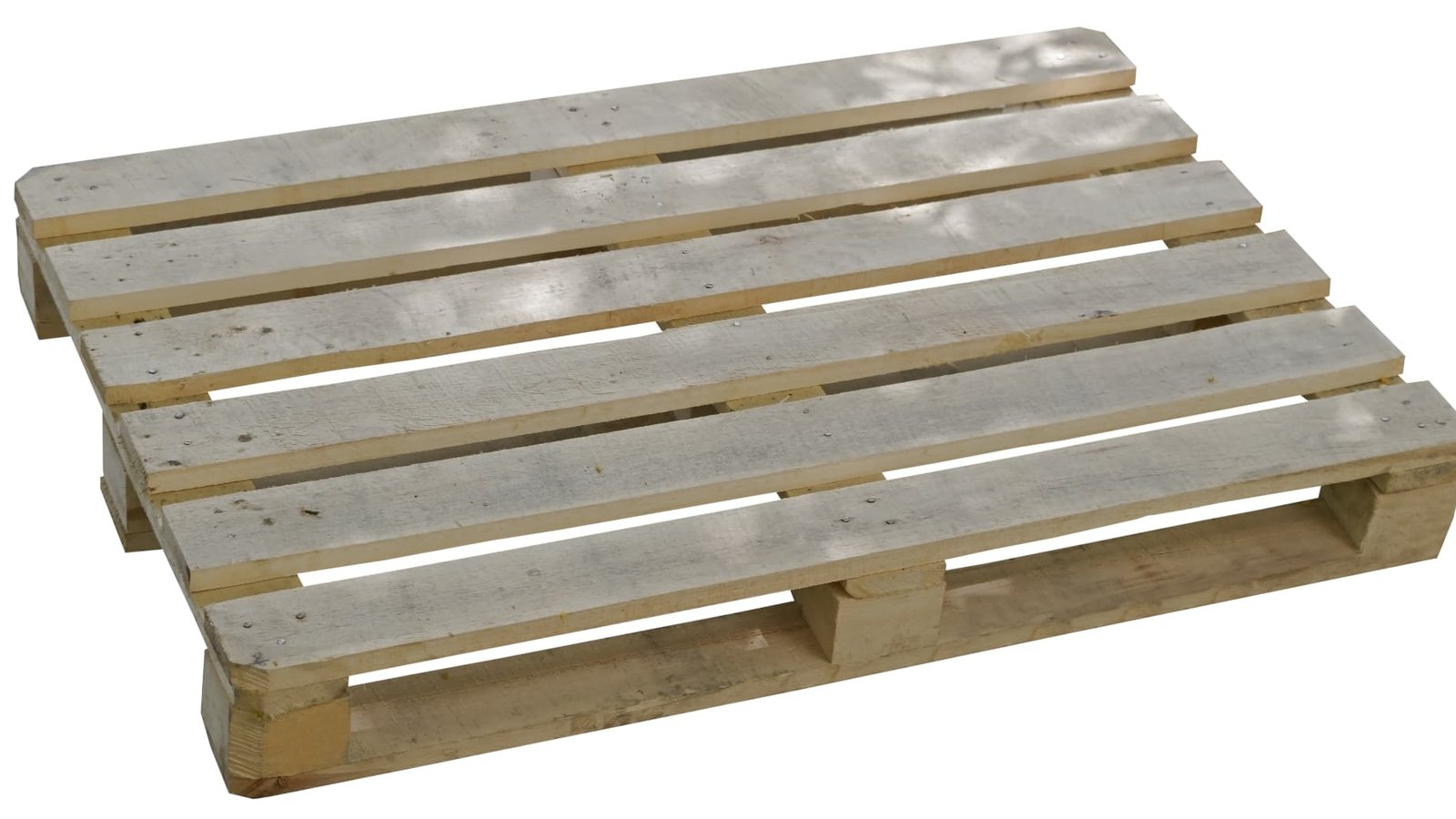 A single plain wooden block-and-board transport pallet photographed at an angle against a white studio background, with no marks or labels legible